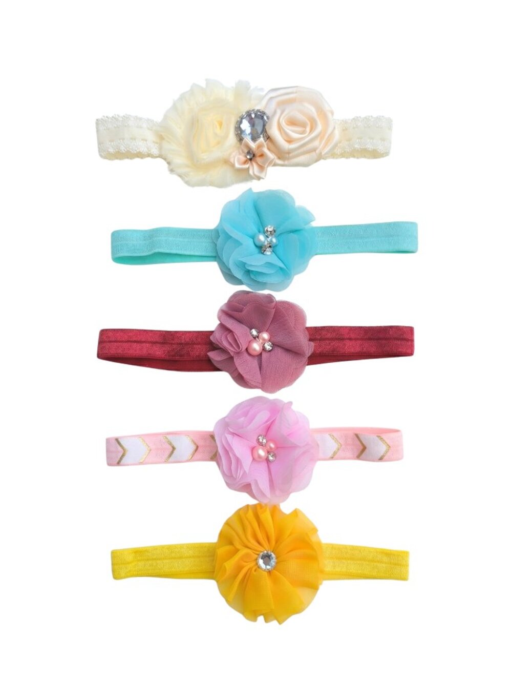 New | 5 Pack Handmade Baby Mixed Floral Lace & Chevron Headbands Set Soft